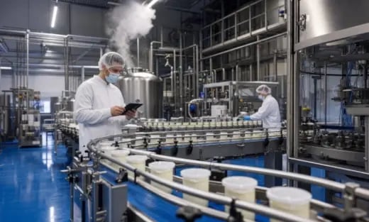 Mitarbeiter mit weißen Schutzanzügen in einer Produktionsstraße für Lebensmittel.