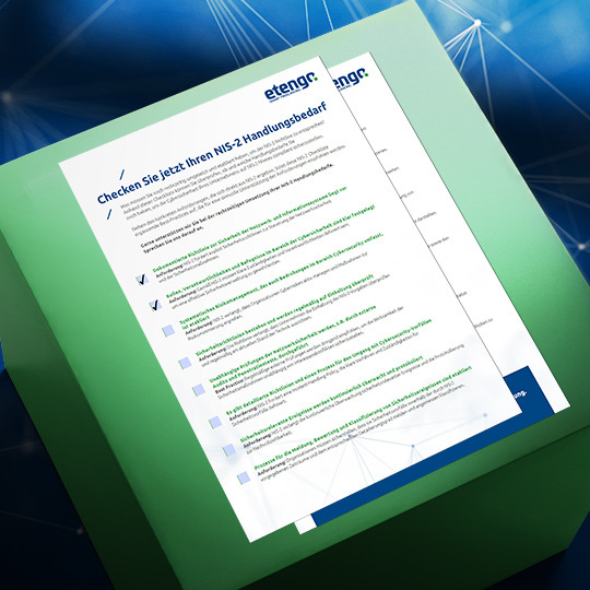 NIS-2 Whitepaper mit Titel „Wie Ihr Unternehmen der kommenden Cybersecurity-Richtlinie gerecht wird“ auf grünem Untergrund.