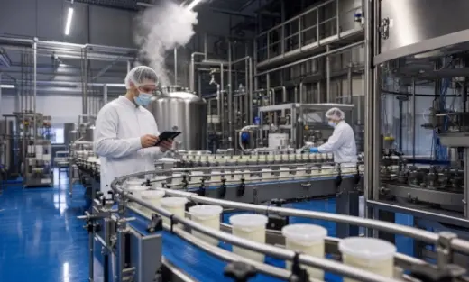 Mitarbeiter mit weißen Schutzanzügen in einer Produktionsstraße für Lebensmittel.